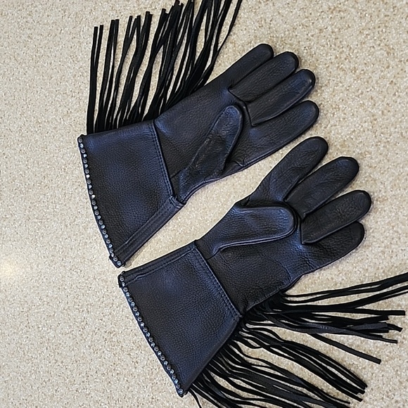 NWOT, Black Leather Gloves Handpainted, Crystal's & Fringe Size L - Picture 3 of 10